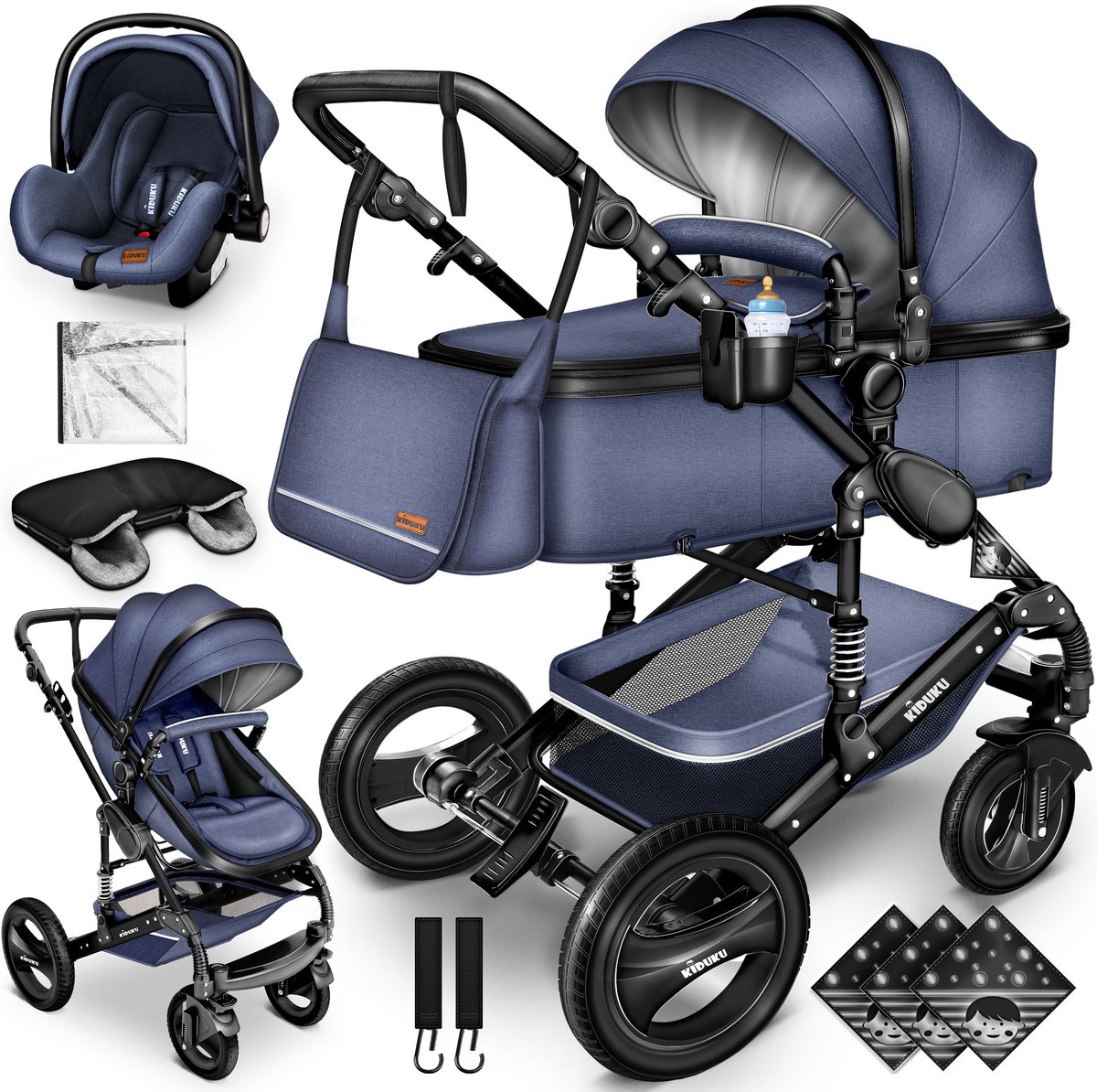 Buggy-Kinderwagen 3 in 1-kinderwagens Complete Set -One -Click Opvouwbare Kinderwagen-Kinderwagen Set voor Baby's Pasgeborenen XXL Set-(Blauw / Zwart).
