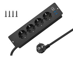 Intelectronics Inbouw Stekkerdoos met USB-C – 8-in-1 Power Hub met 4 Stopcontacten en 4 USB-Poorten – 2 m Kabel – Mat Zwart Luxe Design voor Bureau, Keuken, Vergadertafel of Werkplek – Elegant & Discreet Inbouwmodel