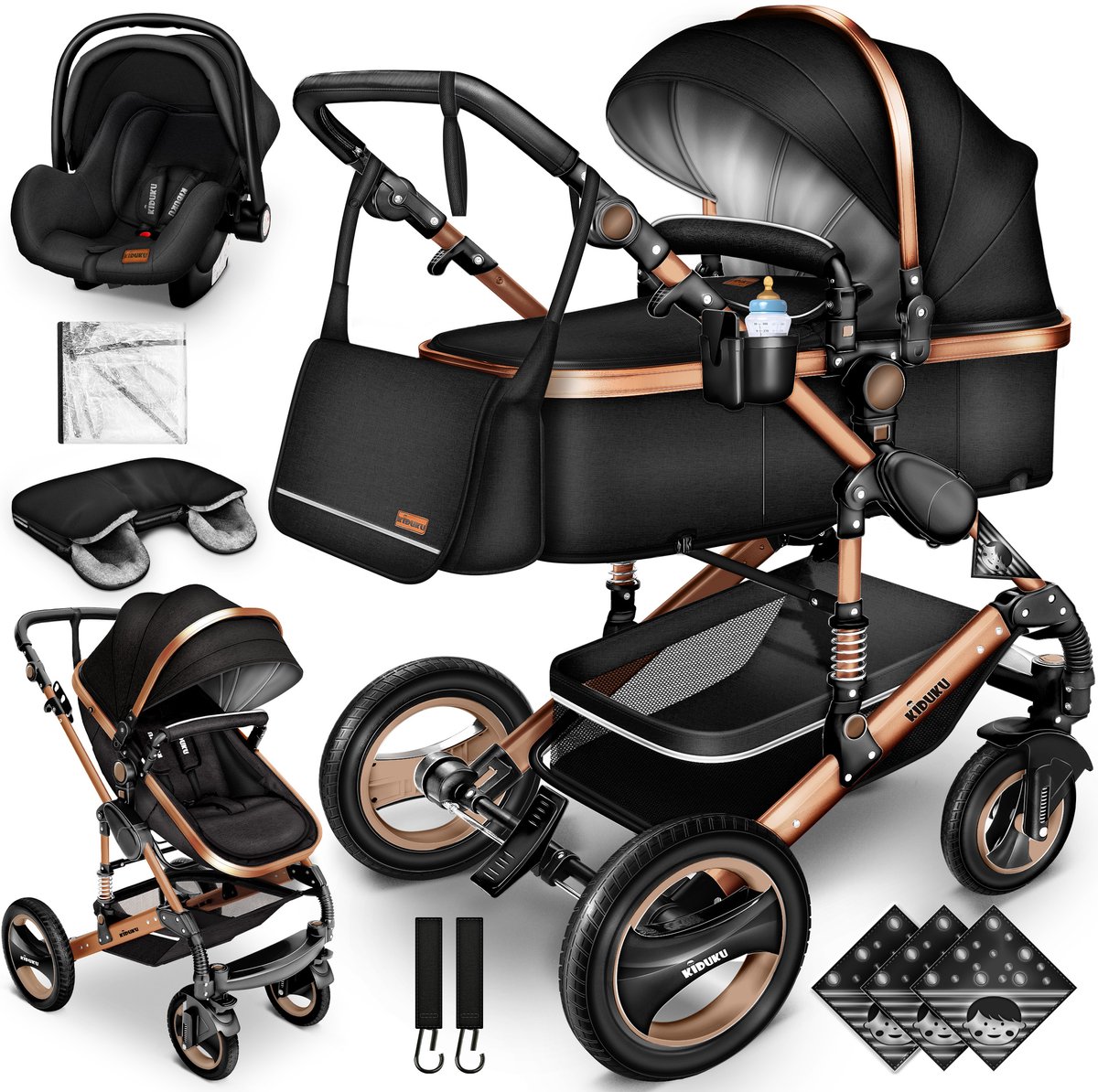 Buggy-Kinderwagen 3 in 1-kinderwagens Complete Set -One -Click Opvouwbare Kinderwagen-Kinderwagen Set voor Baby's Pasgeborenen XXL Set-(Zwart / Goud).