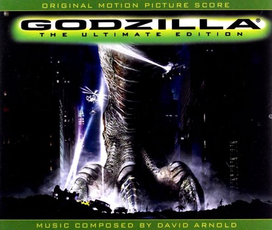 De klauw van Godzilla verplettert voertuigen in een nachtelijke stad, met helikopters die eromheen cirkelen. "Godzilla: The Ultimate Edition", muziek van David Arnold.