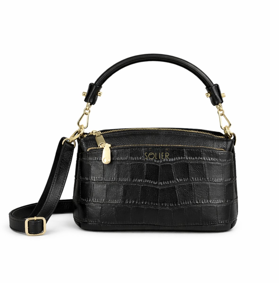 Solier FL60 LINETTE baguettetas dames – kleine leren schoudertas met rits – zwart