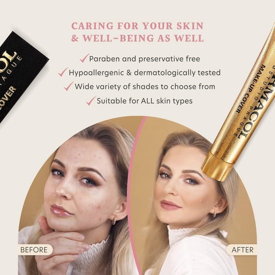Model voor en na het aanbrengen van Dermacol Make-Up Cover foundation. De 'na'-foto toont een egale huid zonder onvolkomenheden.
