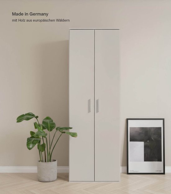 Grijze beige kast in een woonruimte, met een plant en een ingelijste poster ernaast.