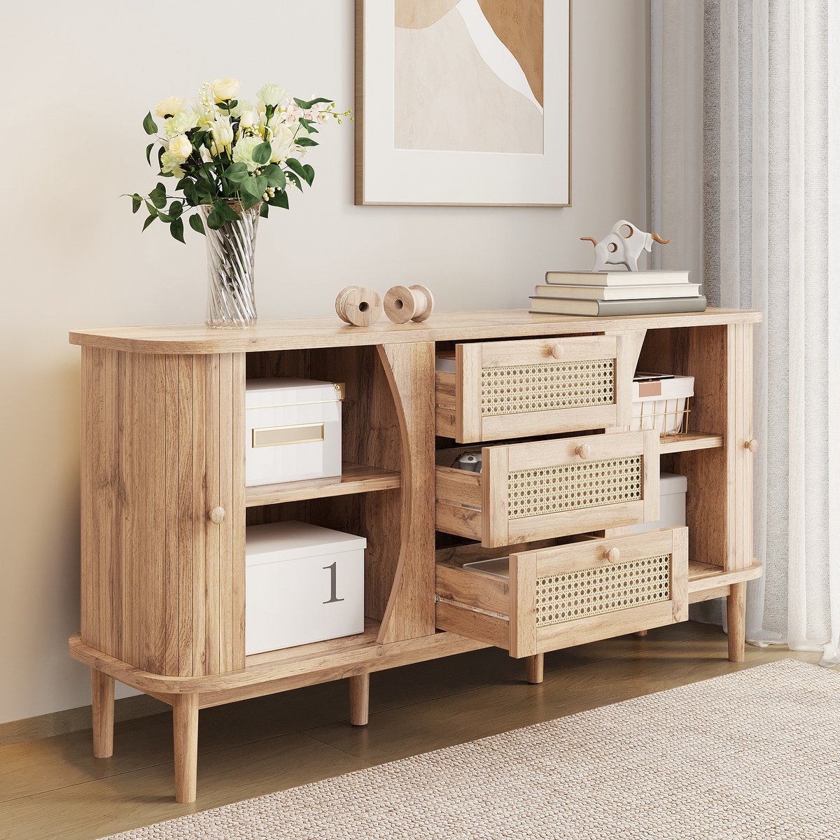 OKWISH Dressoir - Rotanladen - 3 Lades En 2 Schuifdeuren Met Verstelbare Planken - 140,5×40×76 cm - Houtlook Lichtbruin - Spaanplaat Massief Houten Poten