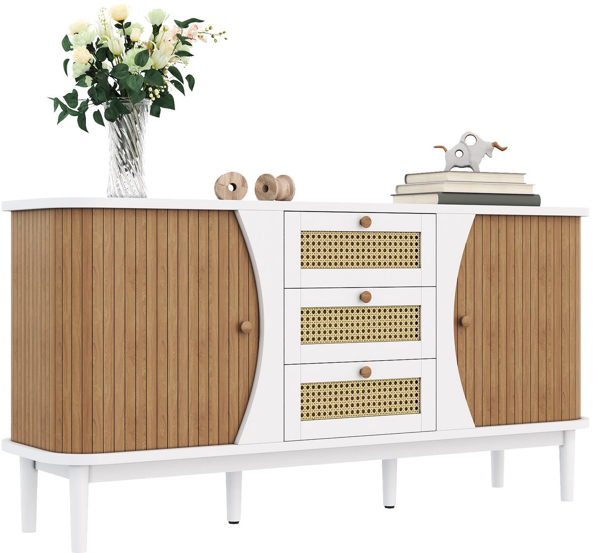 Sideboard-Rattan Commode-Met Schuifdeuren en Verstelbare Planken-Gewelfde Platte-Wit