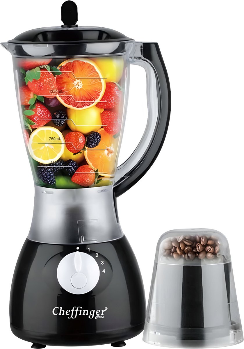 Cheffinger, Blender 1,5L 1000W met 4 Snelheden en Hakmolen 6 Roestvrijstalen Messen, Zwart