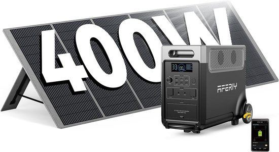AFERIY P310 powerstation met 400W zonnepaneel en smartphone.