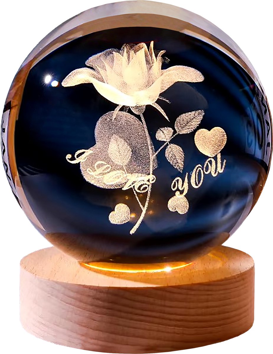 DMG Supply 3D Kristallen Bol Lamp - Bloem Love You - USB Oplaadbaar - LED Lamp - Nachtlamp - Tafellamp - Bureaulamp