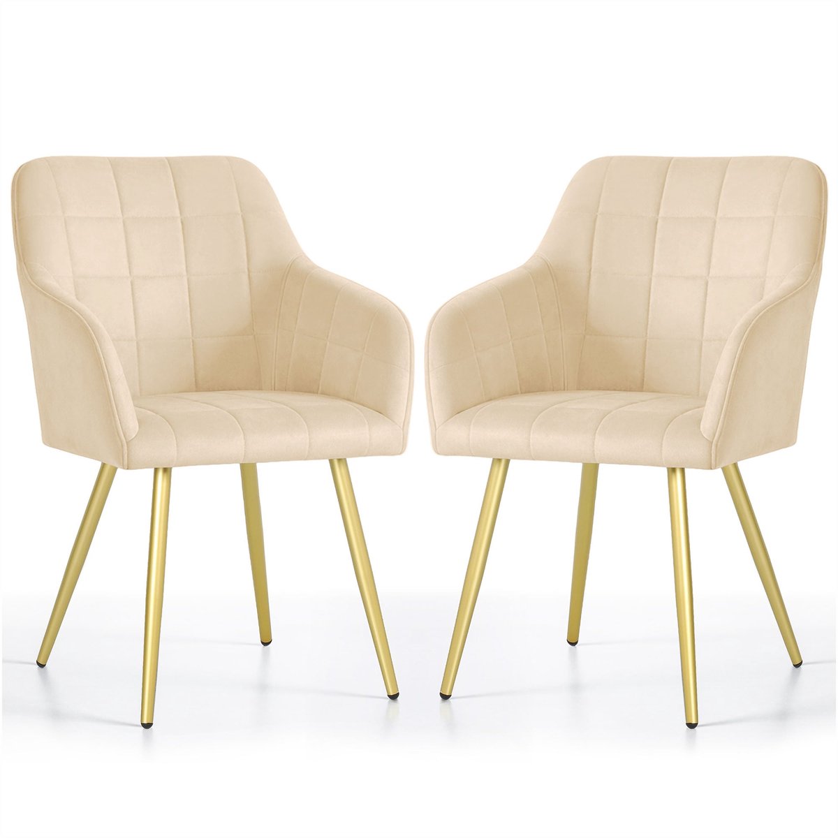 Set van 2 Eetkamerstoelen LUXANO met Armleuningen / Gestoffeerde Stoelen / Fluwelen Stoelen en Metalen Poten / Beige met gouden benen