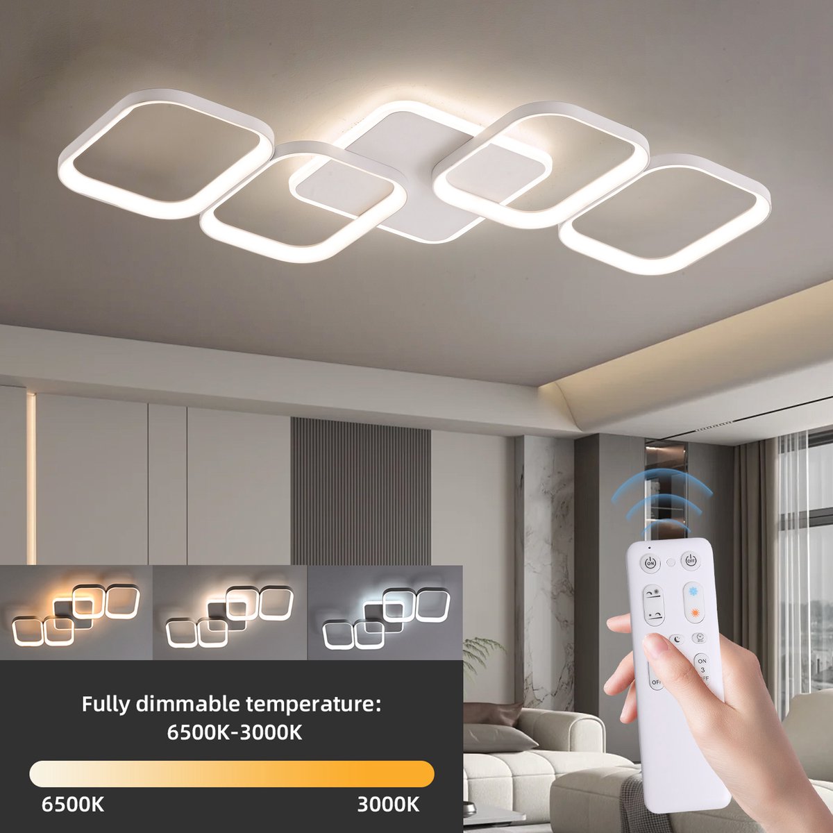 ANTENLICHT LED Plafondlamp - Plafonniére Wit - 4 LED Plafondlampen - Woonkamer Lamp - Dimbaar - Met Afstandsbediening - 3000K-6500K - 5600LM - 50W