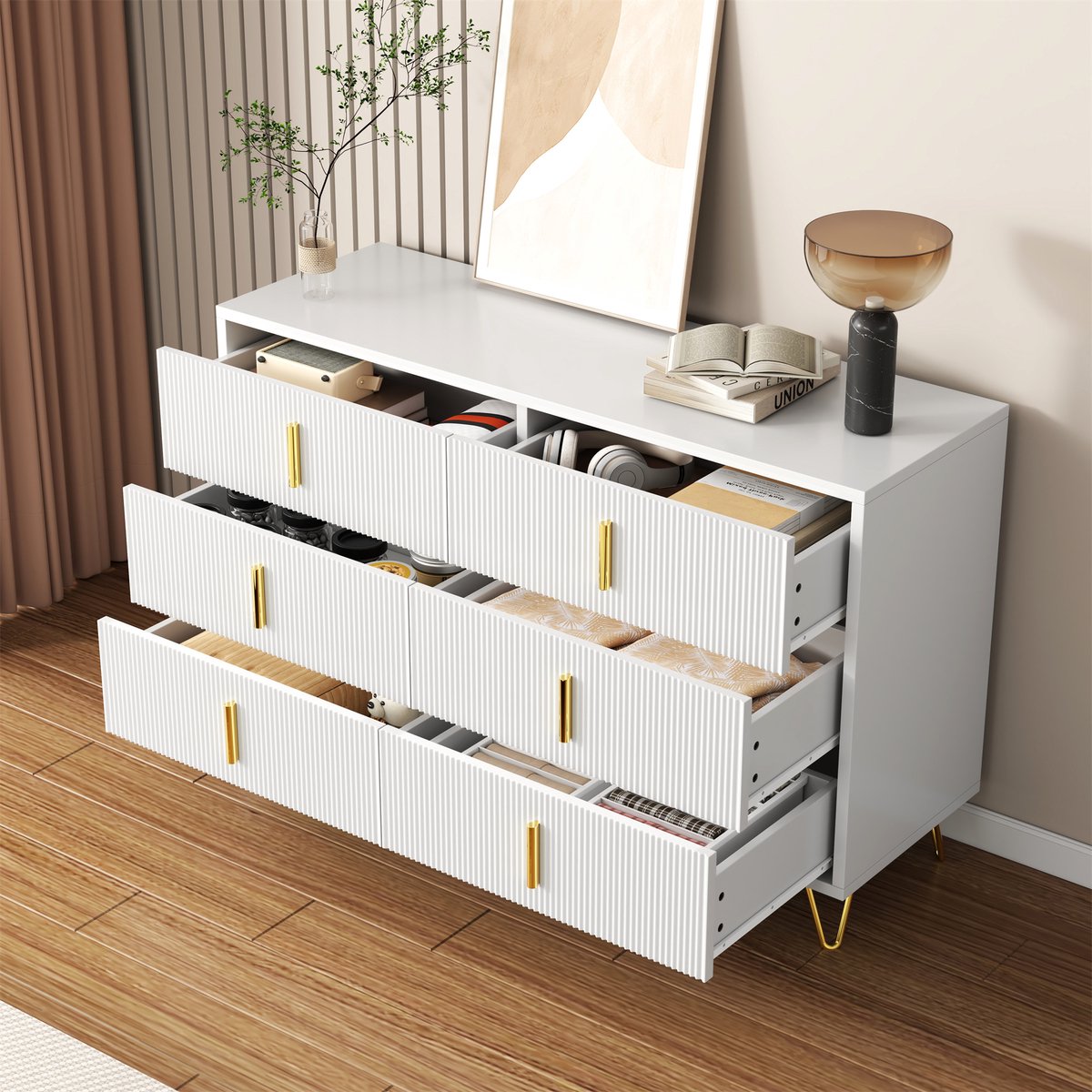 OKWISH Dressoir – Modern – 6 Lades – Met Golvende Front – Wit+Goud – Spaanplaat – 120x40x77 cm – 15 cm Poten – Ruime Opbergruimte