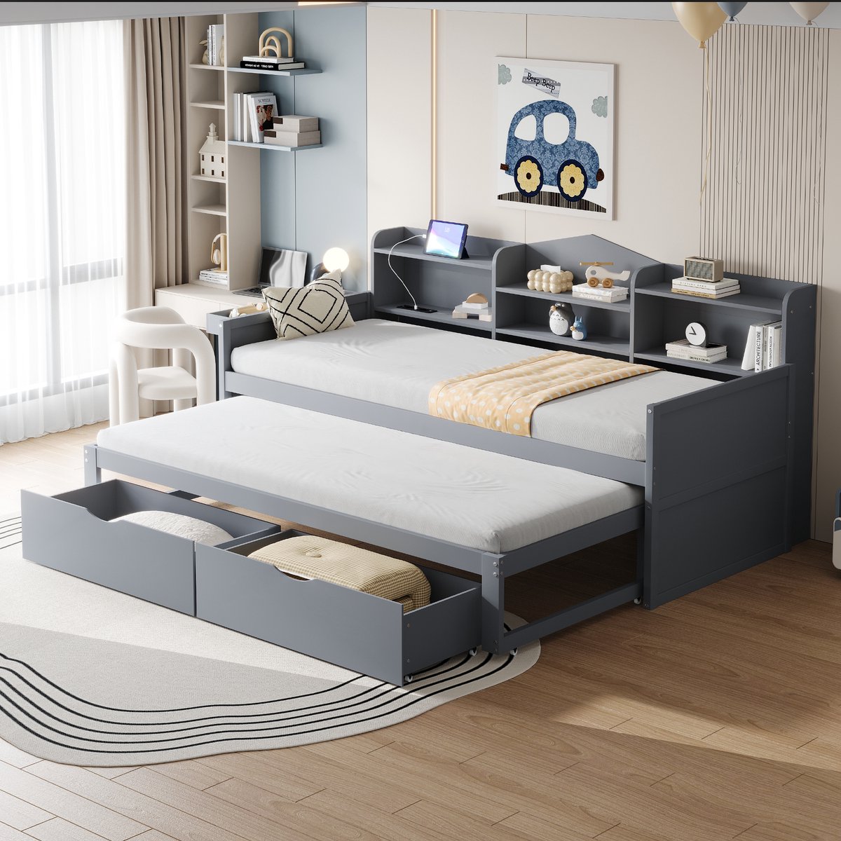 STILVORA Eenpersoonsbed 90x200 cm – Uittrekbed 90x190 cm met 2 Lades & Zijmand – USB-Laadpoort Voor Nacht & Werk – Robuust Hout – Grijs – Zonder matras