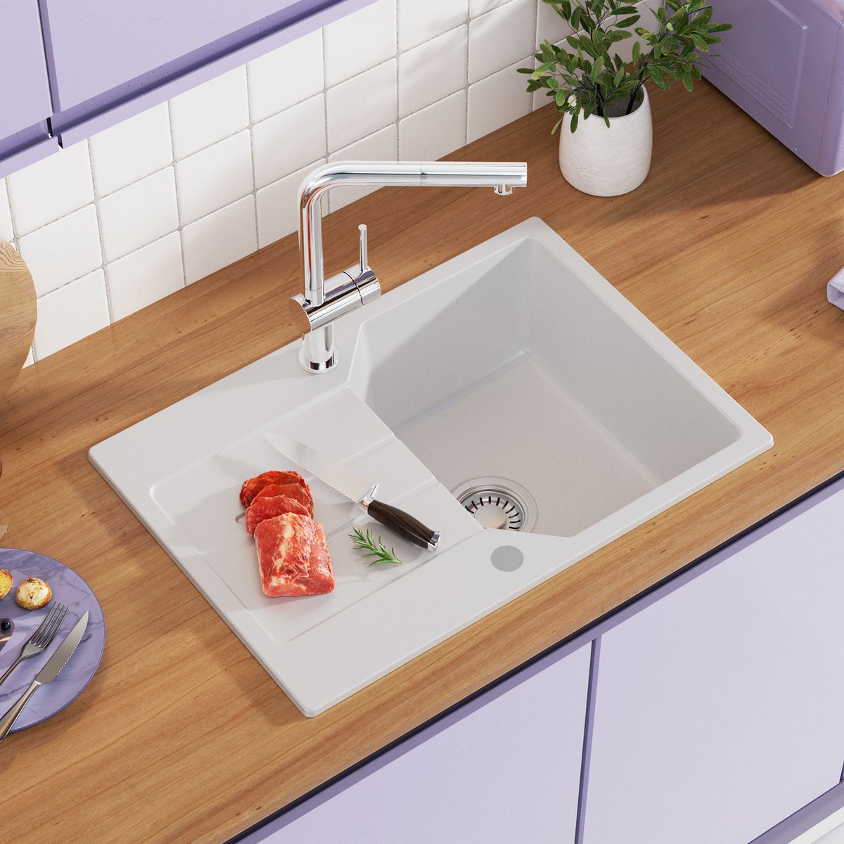 Anycee MAX Spoelbak Keuken Wit - Granieten Spoelbak 65x45CM - Spoelbakken Keuken- Spoelbakken Met Afdruip - Opbouw Spoelbak