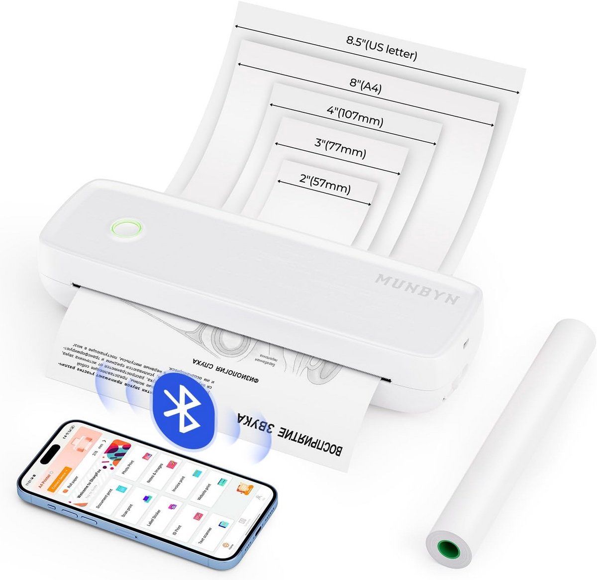 Draagbare Thermische Printer Zonder Inkt - A4 & 8.5''x11'' - Draadloos Bluetooth & USB - Compatibel met iOS, Android, Laptop