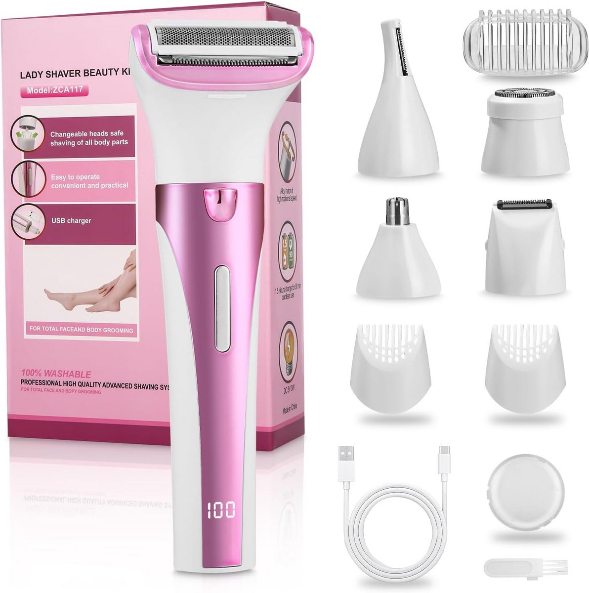 Elektrisch Scheerapparaat voor Dames - 5-in-1 Intieme Trimmer met USB Opladen
