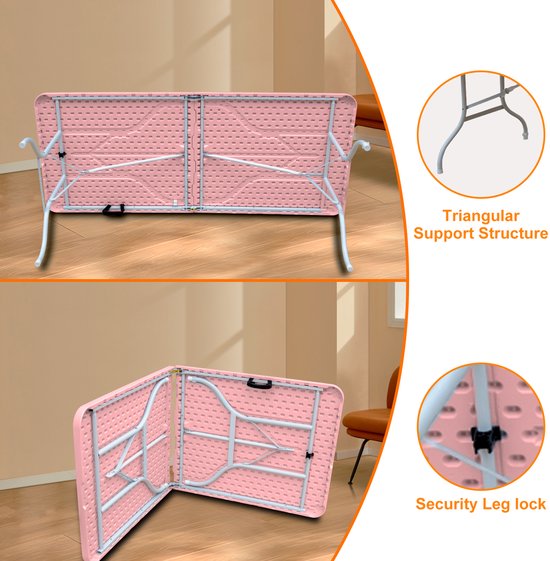 Campingtafels 180 cm - Inklapbaar Met Handgreep - Multifunctioneel - Kunststof - Roze — afbeelding 2