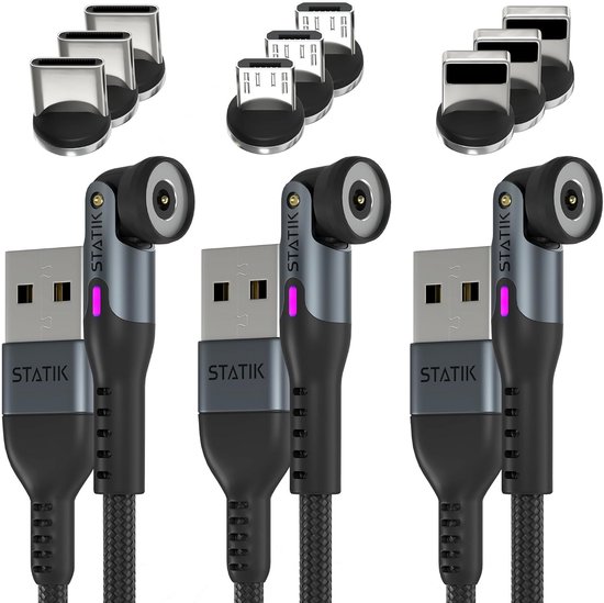 3-in-1 Magnetische Oplaadkabelset (3 Stuks) - USB-C, Micro-USB & USB A - Roterend & Snel Opladen