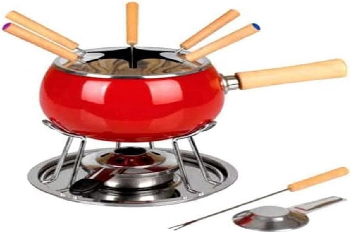 Complete Fondue Set voor 6 Personen - Rood Emaille Pan & Roestvrijstalen Accessoires