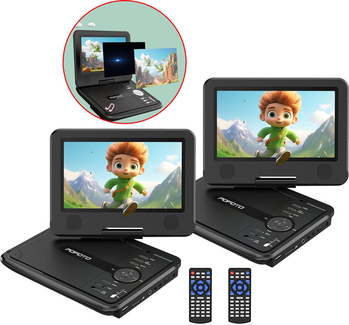 PD07 Draagbare DVD Speler Auto - 9,5" Draaibaar HD-Scherm - Draagbare DVD Speler - USB - 7.5 Inch Draaibaar HD Scherm - 4-6 Uur Speeltijd - Voor SD-kaart/USB/Sync TV - Zwart - 2 stuks
