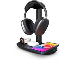 Hoofdtelefoonstandaard met draadloos opladen, gaming hoofdtelefoonstandaard, hoofdtelefoonhouder, hoofdtelefoonhouder met draadloos opladen (zwart)