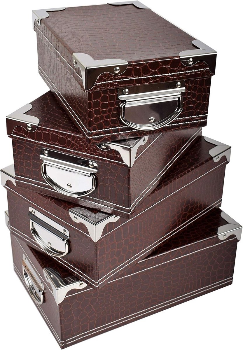 Set van 4 Kartonnen Opbergdozen met Deksel en Metalen Hoeken - Diverse Maten