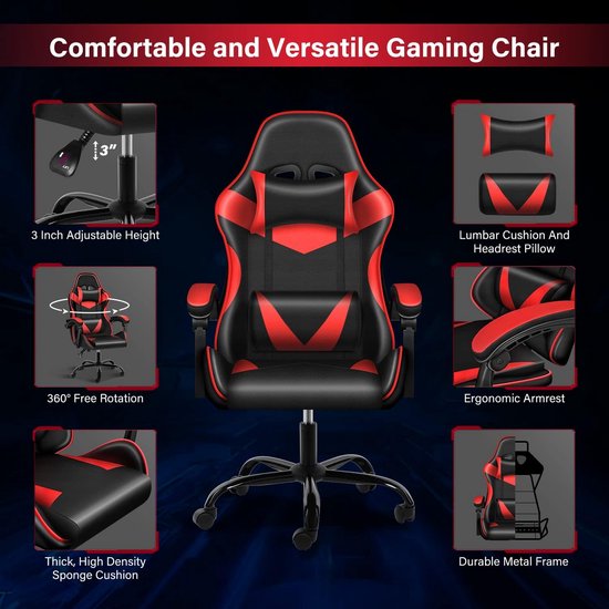 Ergonomische Gamingstoel Rood/Zwart - In Hoogte Verstelbaar met 360° Draaibare Zitting — afbeelding 3