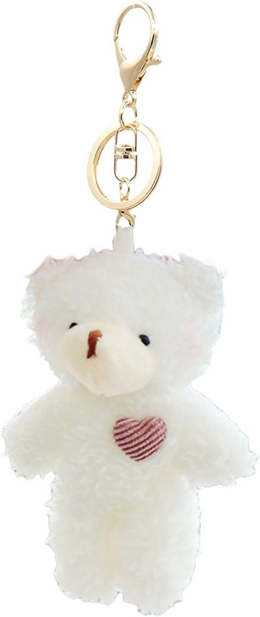 Wit Pluche Knuffel Beer Sleutelhanger met Roze Hart - 13 cm Teddyhanger voor Kinderen en Meisjes
