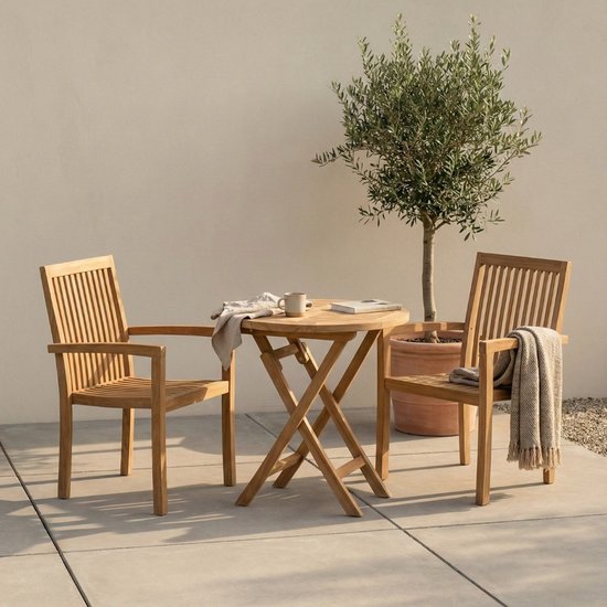 Teakea - Tuinset Twee Teak Pile Stapelbare Stoelen met Klaptafel Ø60 cm - Compacte Bistroset