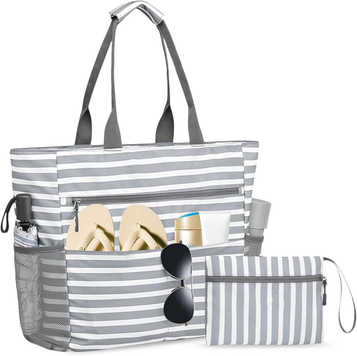 Grote Strandtas met Rits en Strepen - Dames Shopper voor Vakantie en Reizen