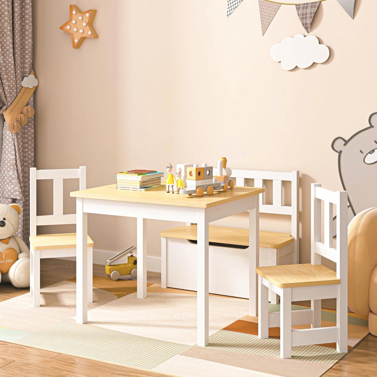 Kindermeubelset Tafel met 2 Stoelen en Bank voor Kinderkamer en Speelhoek