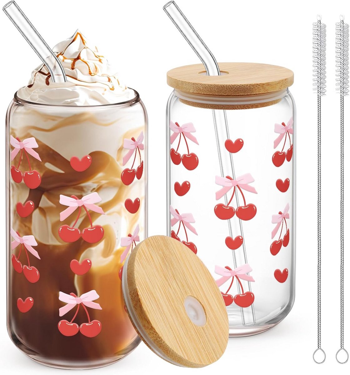 Set van 2 Glazen Koffiebekers met Deksel en Rietje - 475ml Smoothie en Iced Coffee Glas