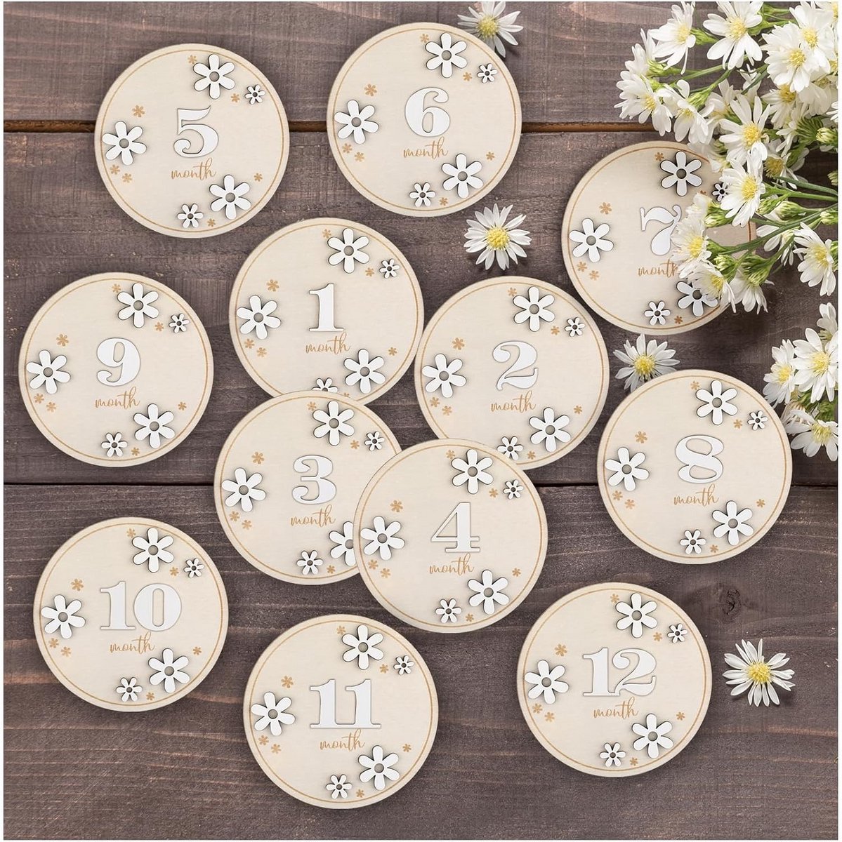 12x Houten Maandkaarten Baby 1-12 Maanden - Dubbelzijdig en 3D Bloemen