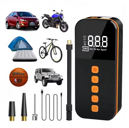 Pompe à vélo électrique UNYX® - Compresseur d'air - pour vélo, scooter, moto et voiture - Pompe à pneus électrique - Rechargeable et portable - Pompe à pneus - Compresseur - Jusqu'à 10.3 Bar, 150 PSI - Incl. Sac de rangement