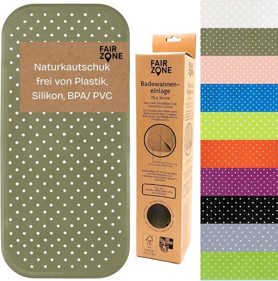 Tapis de douche vert olive à pois blancs, à côté de l'emballage montrant les différentes couleurs.