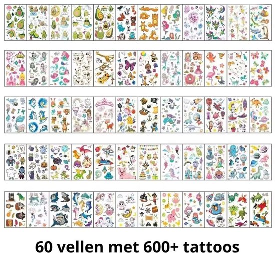 600+ Tijdelijke Tattoos voor Kinderen - 60 Vellen Kleurrijke Cartoon Plakplaatjes voor Traktaties & Kinderfeestjes - Tattoo Stickers met Dino, Unicorn, Zeemeermin & Dieren