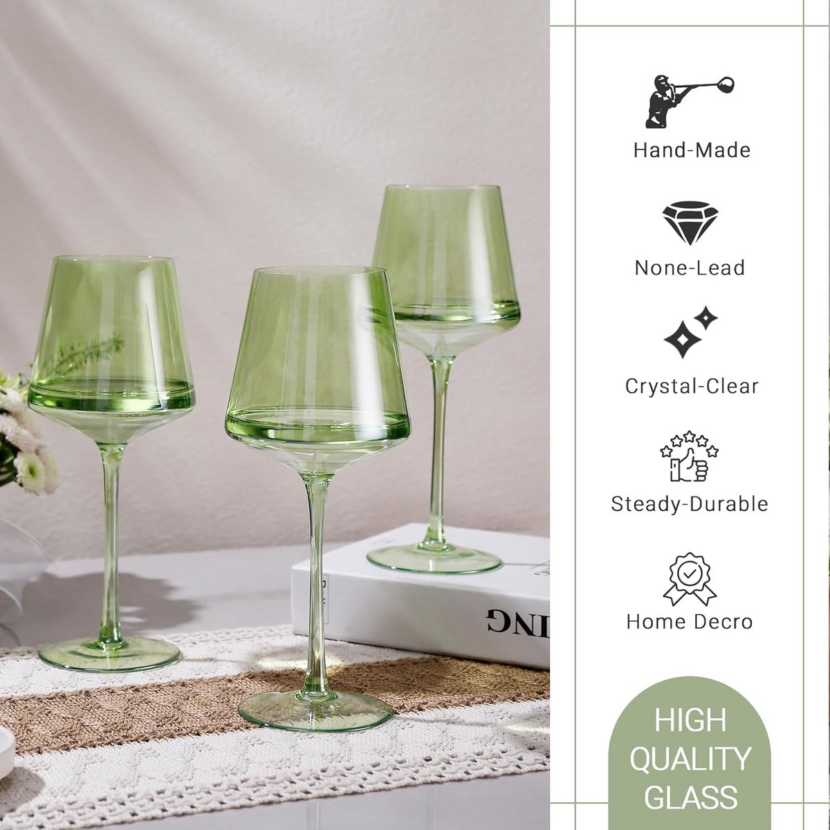 Set van 6 Groene Wijnfluiten met Lange Steel - Elegant Glaswerk voor Feestjes