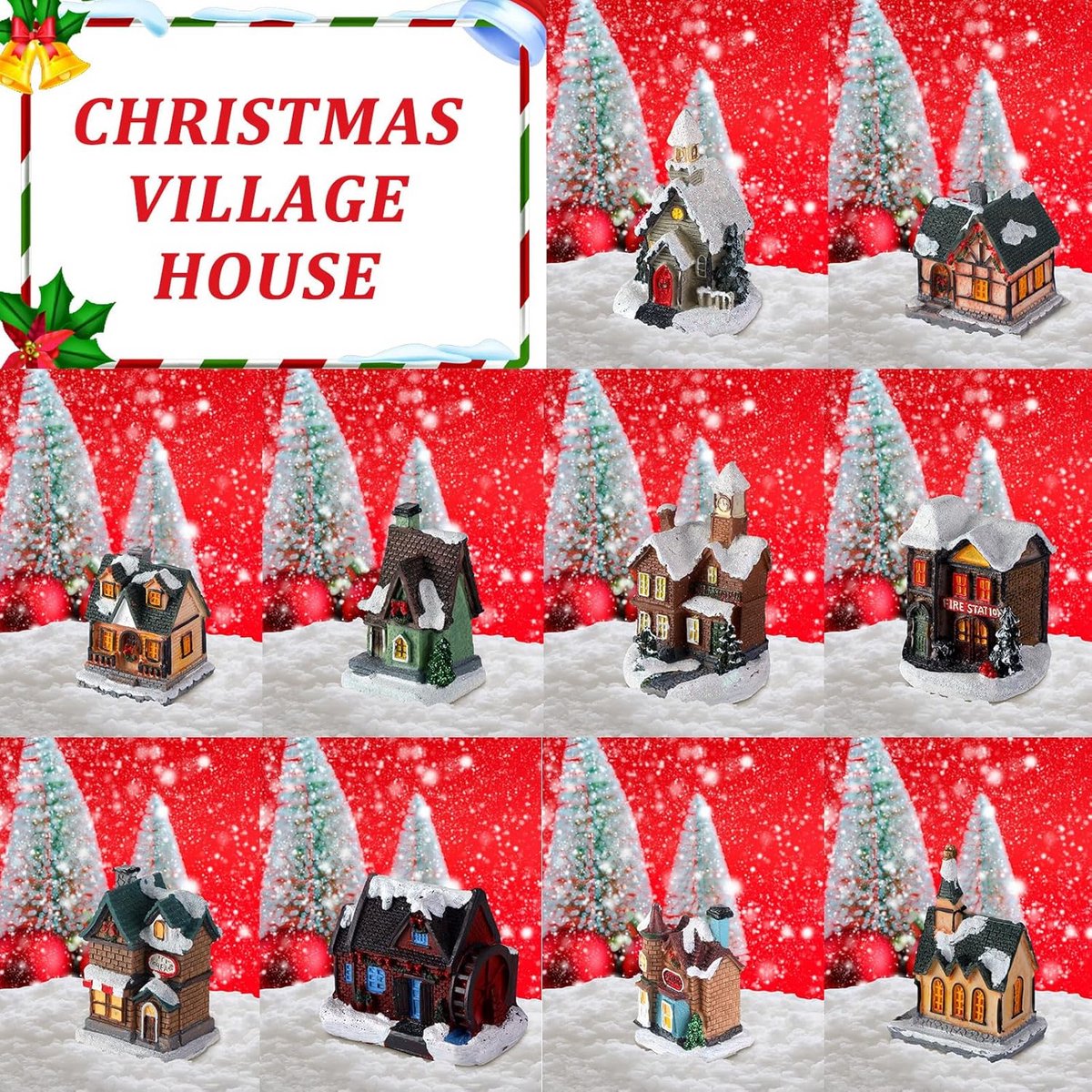 48 Delen Verlichte Kerstdorp Set: Miniatuur Huisjes, Kerstbomen en Sneeuwkleed voor DIY Kerstdecoratie – foto 7