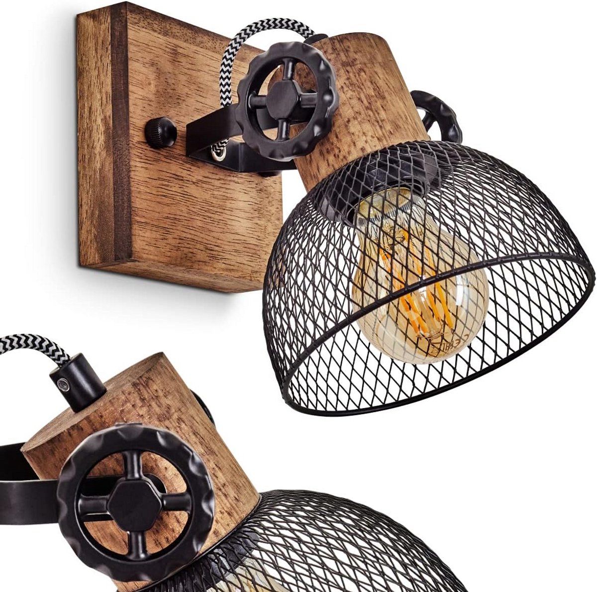 Wandlamp Vintage Houten Metalen Raster Spotlight Slinger Arm Verstelbaar