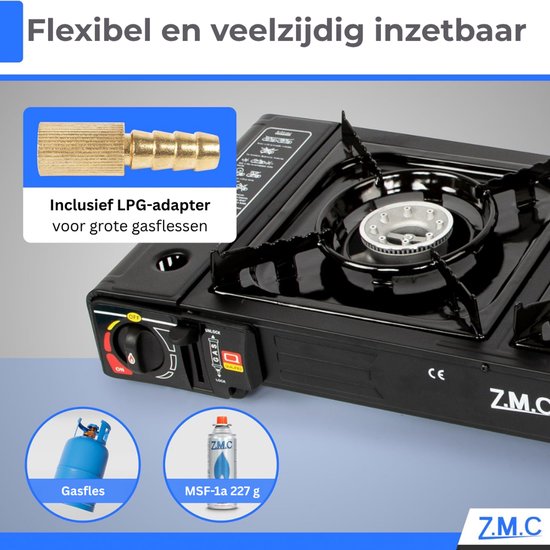 ZMC Campinggasfornuis 2-pits 2,5 kW incl. adapter voor LPG-aansluiting + opbergkoffer Campingfornuis met gaspatronen, met piëzo-ontsteking, voor gebruik binnen en buiten - Gasfornuis met 4 gaspatronen van Z.M.C — afbeelding 5