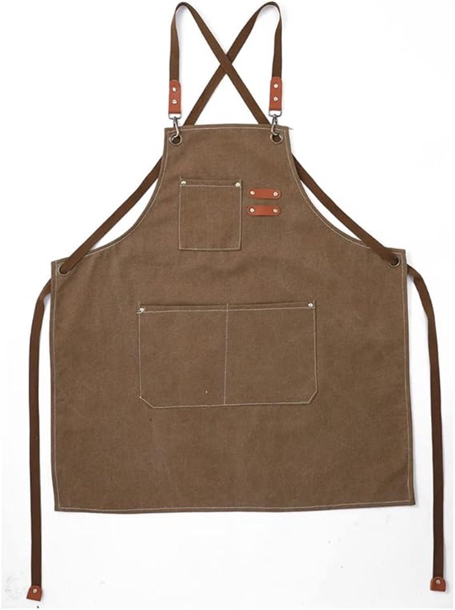 Gigicial Canvas Schort - Herenschort - Handgemaakt Van Zacht Katoen Met Gekruiste Banden En Zakken - 1 - Voor Grillen, Tuinieren En Houtbewerking In Bruin