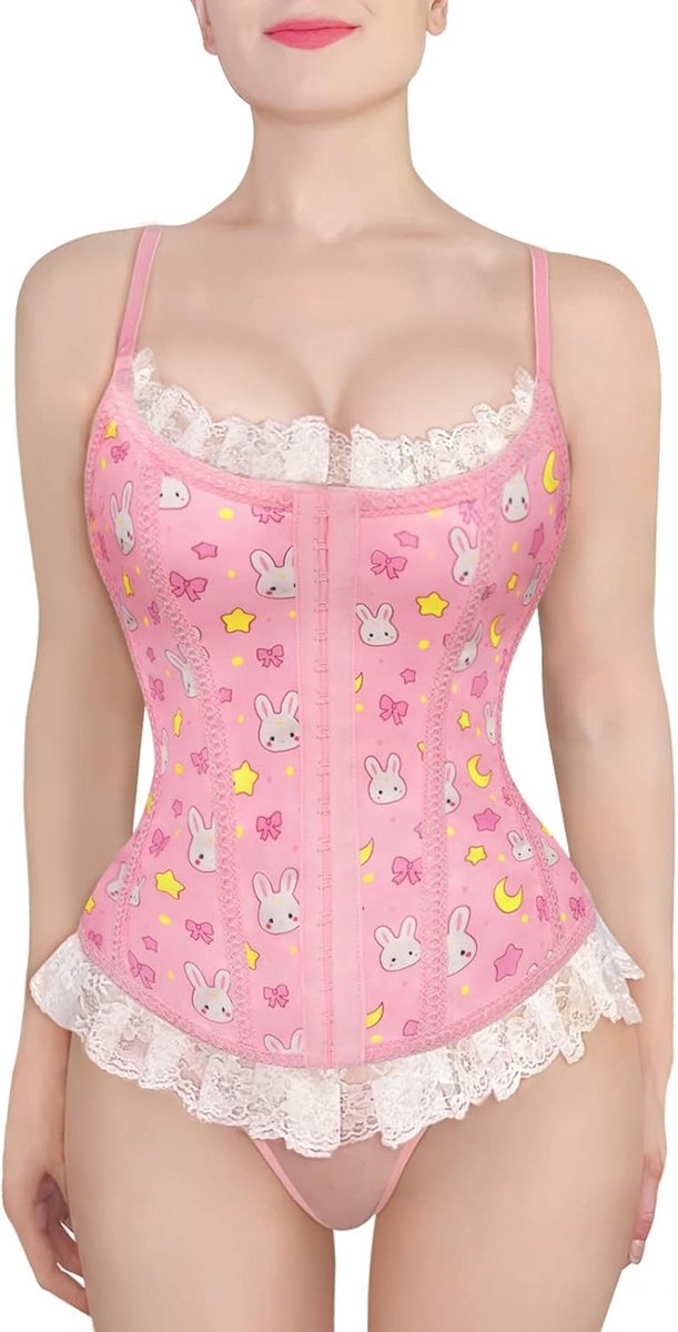 Overbust Korset met Vetersluiting en Baleinen voor Dames - Bodyshaper met Kawaii Print