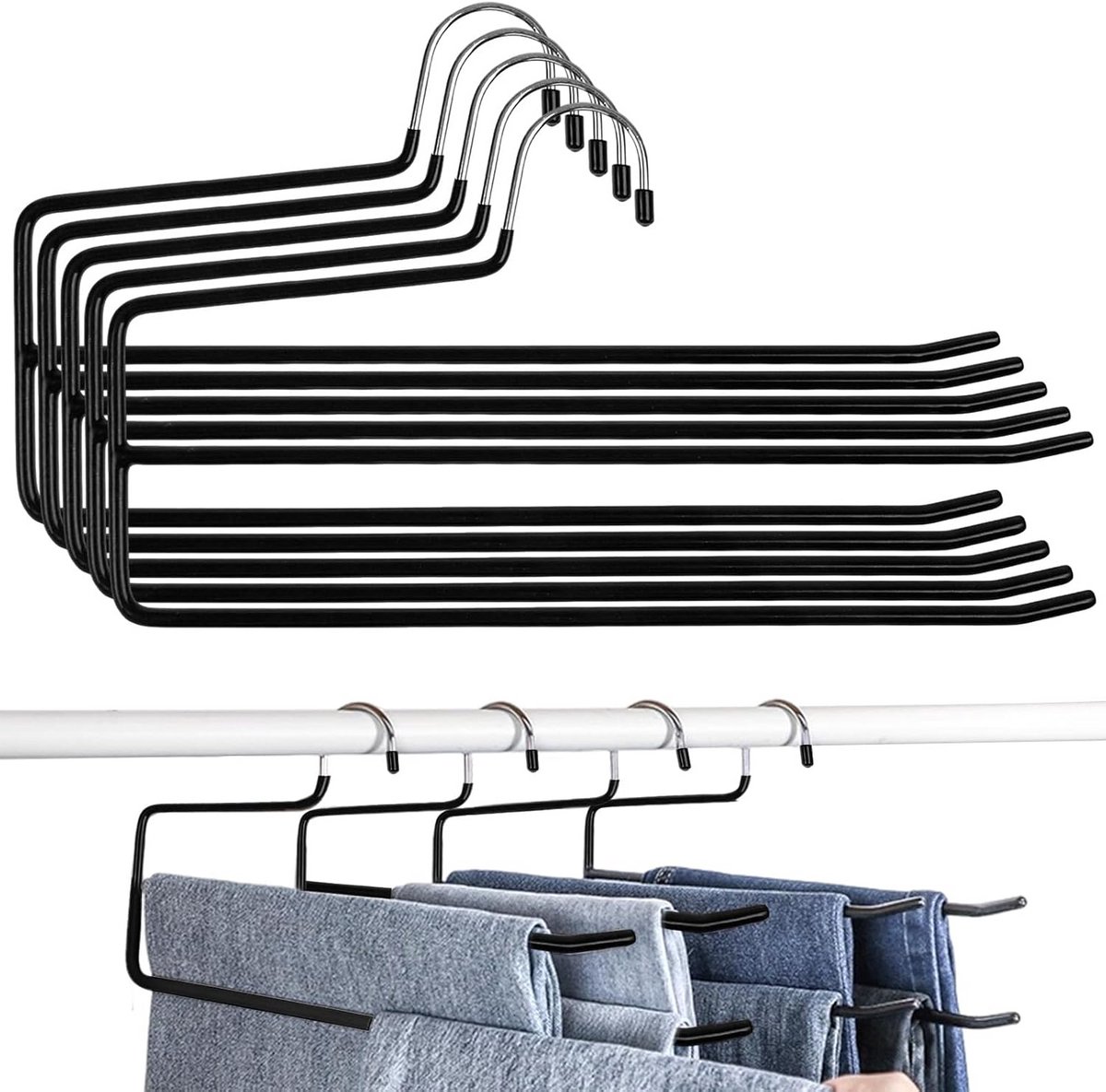 Ruimtebesparende Broekhangers Zwart (5 Stuks) - Dubbele Stang & Antislip voor Jeans en Accessoires