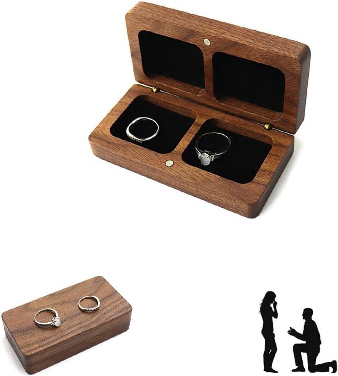 Houten Ringendoos Vierkant voor Bruiloft en Verloving - Presentatie Box met 2 Sleuven