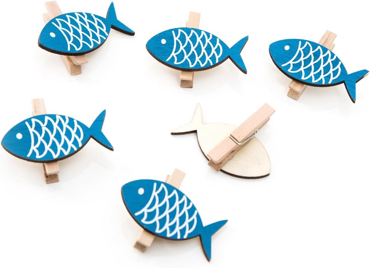 6x Houten Wasknijpers Blauw Wit Vis Decoratie Clips 5 cm Maritiem Feestartikelen