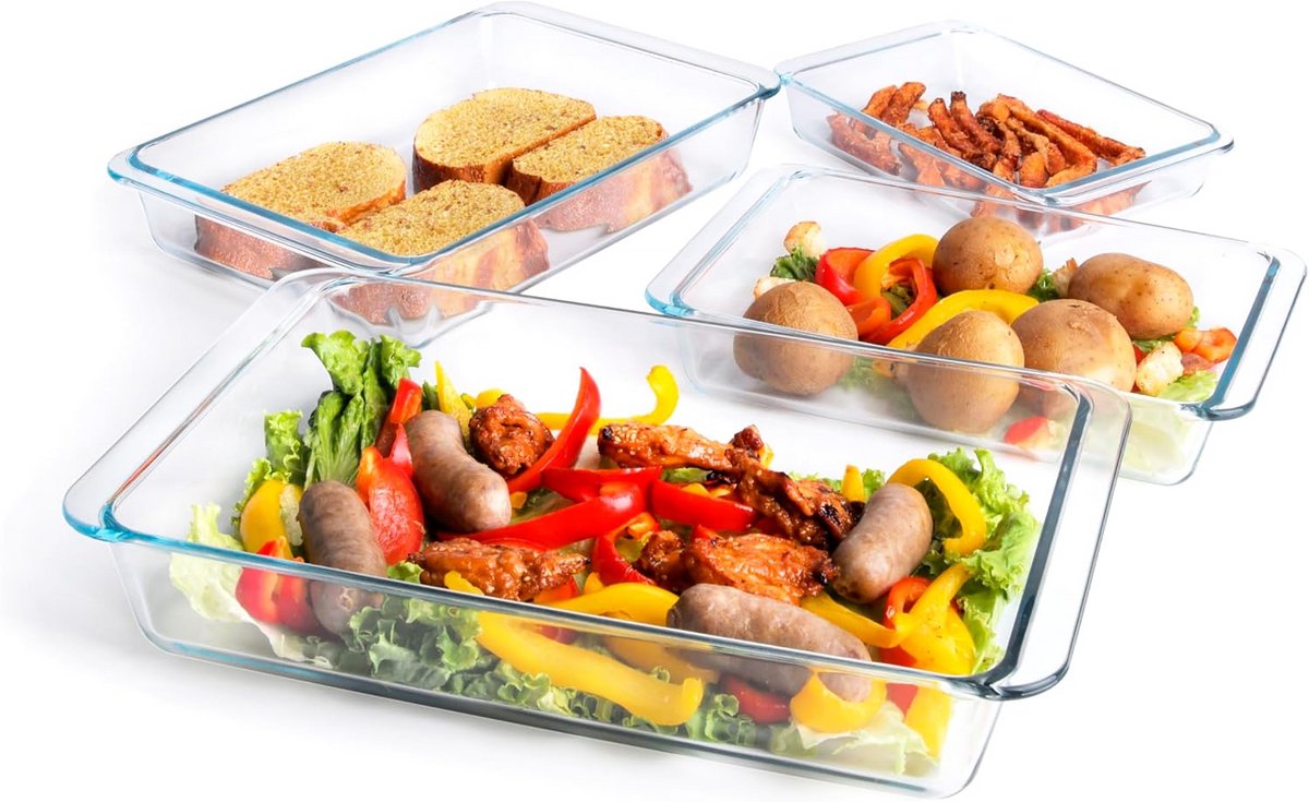 Set van 4 Ovenvaste Glazen Schalen - Nesting & Stapelbaar - Inhoud 1L t/m 4.2L