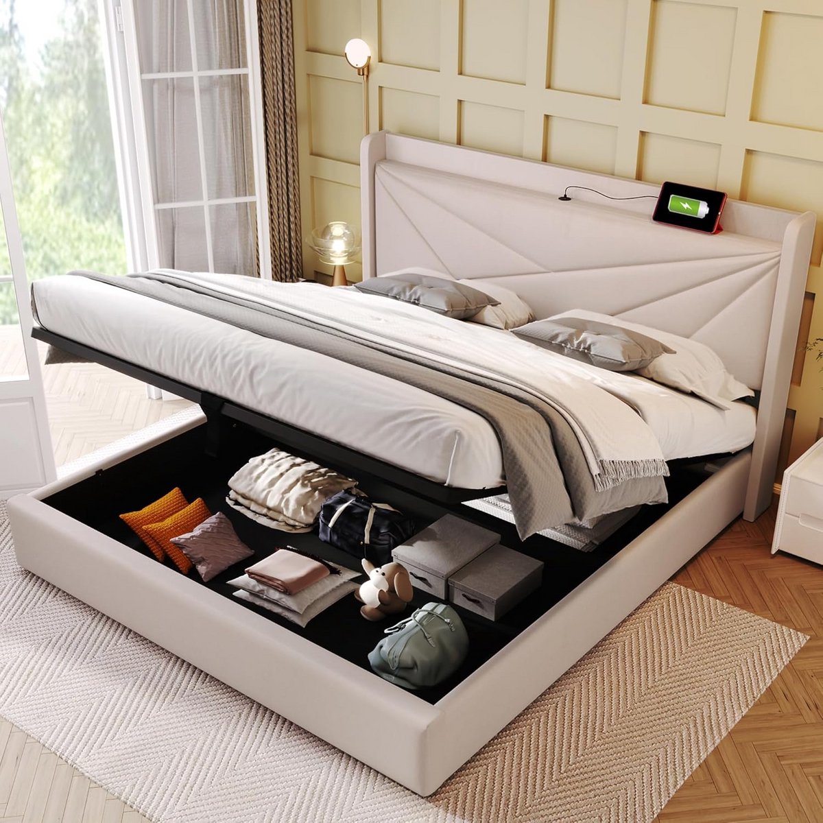 Gestoffeerd Eenpersoons Boxspring Bed met USB-C Oplaadfunctie en Nachtkastje - Beige 140x2