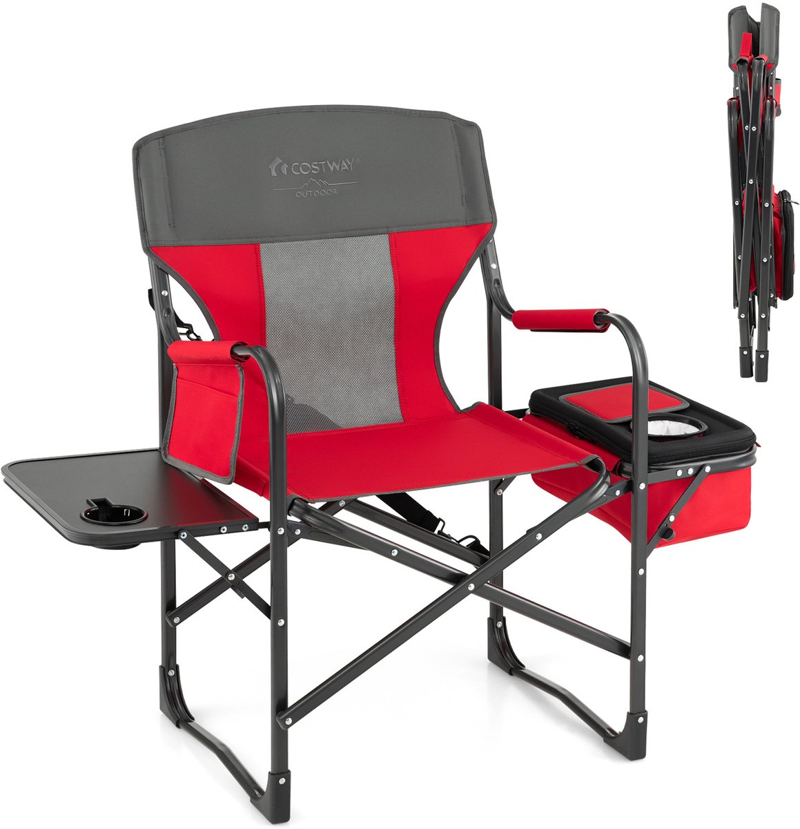 COSTWAY Campingstoel met zijtafel, koeltas en opbergtas, inklapbare visstoel, 180 kg draagvermogen, regisseursstoel, draagbaar, vouwstoel, klapstoel voor camping, vissen, picknick (rood)