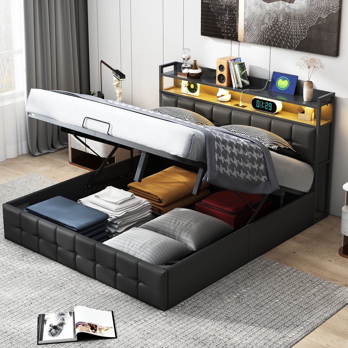 Gestoffeerd bed 160 x 200 cm met LED-hoofdbord, tweepersoonsbed met USB-aansluiting en lattenbodem, hydraulische opbergruimte en metalen frame, kinderbed, PU-kunstleer, zwart (matras niet inbegrepen)