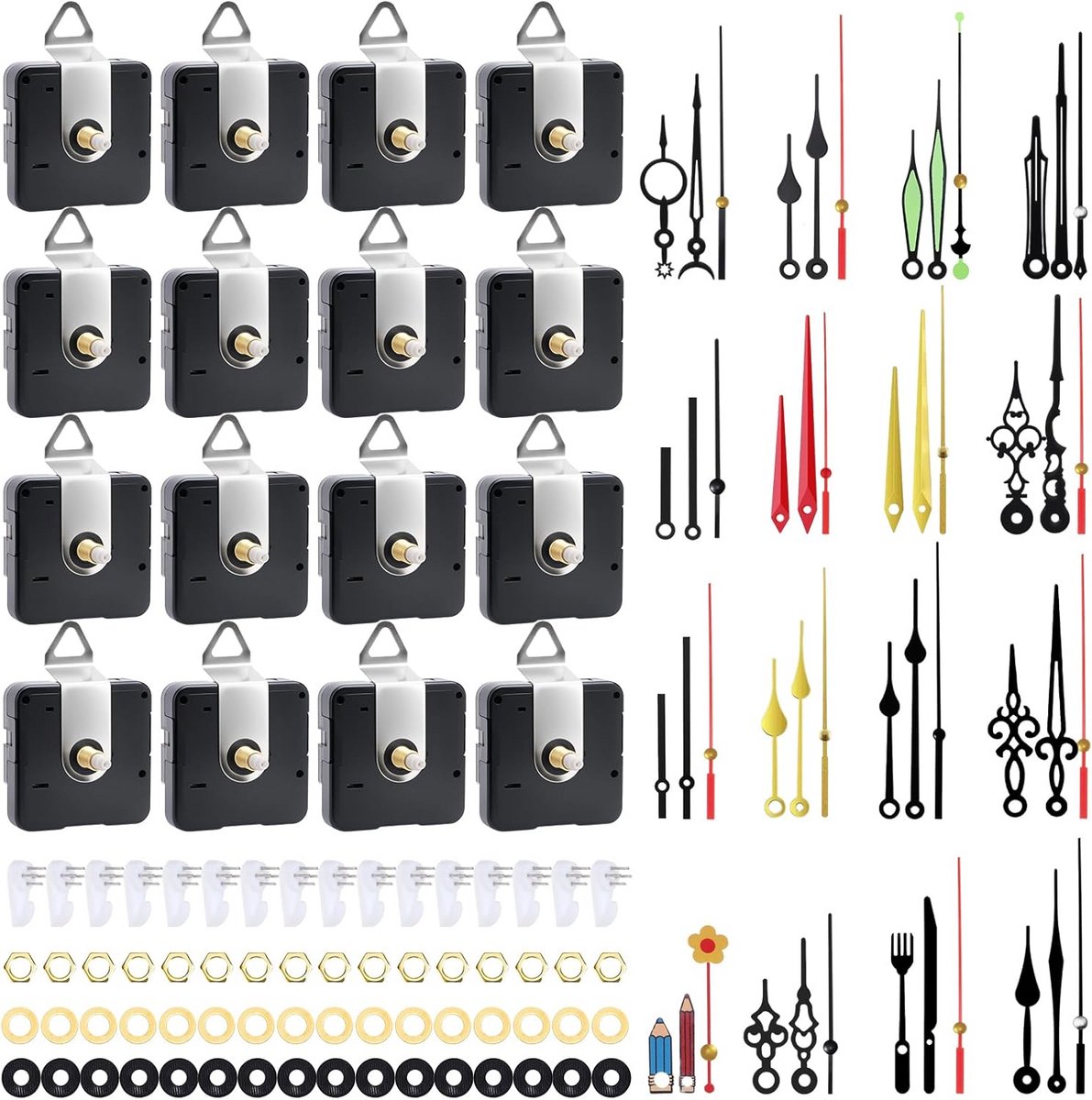 16 Stuks Geruisloze Uurwerken Set met Wijzers voor Wandklok Reparatie DIY