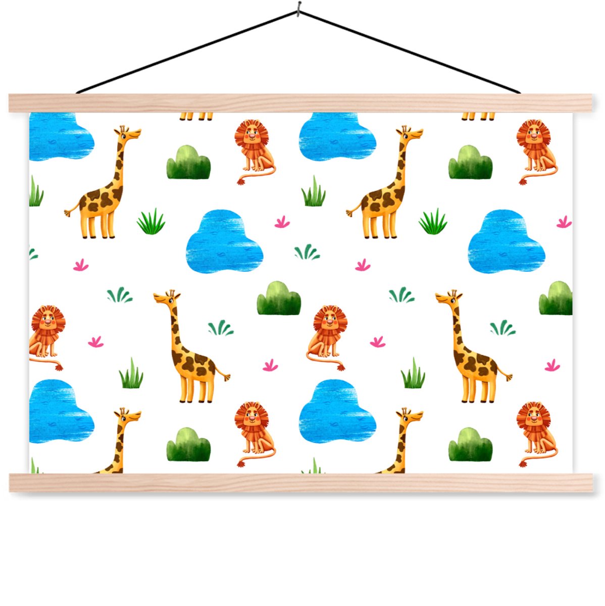 Posterhanger incl. Poster 150x100 cm - Schoolplaat - Leeuw - Design - Dieren - Kind - Textielposter - Blanke latten